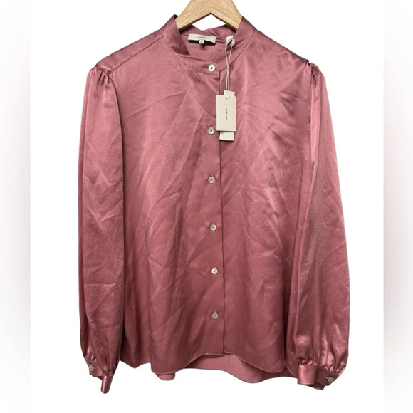 VINCE Shirred Band-Collar 100% Silk Satin Blouse in Rose Root Color - Picture 3 of 8